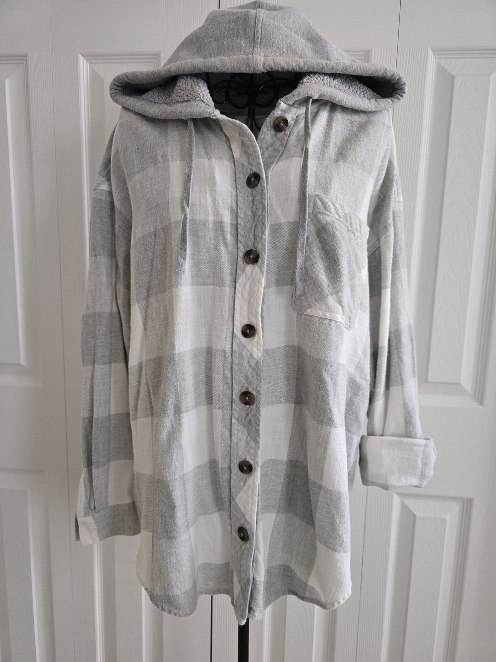 Maurices Grey and White Plaid Teddy Hooded Jacket